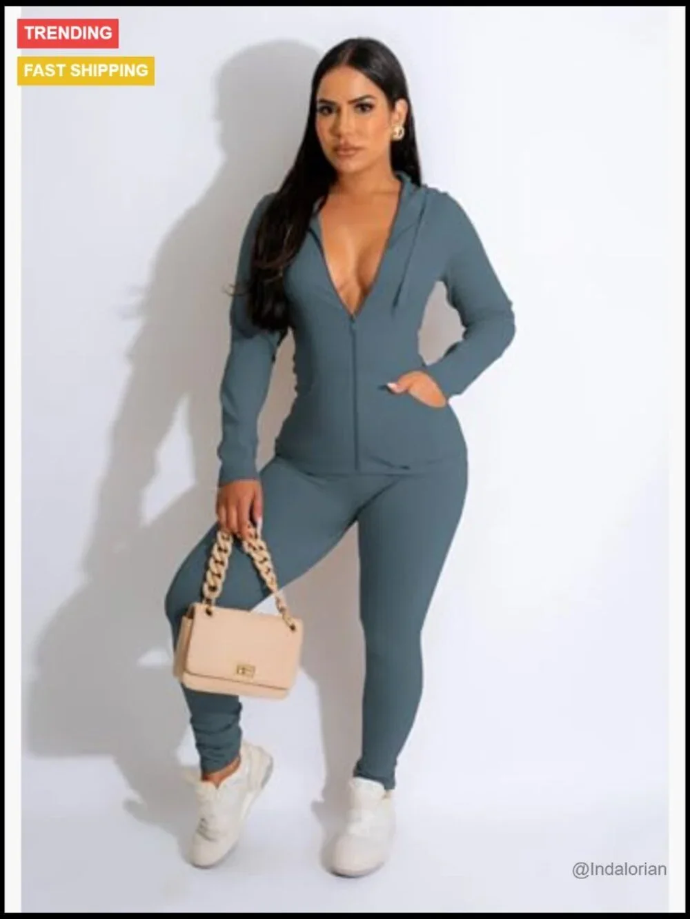 Polyester Elastane Bodycon Matching Set Long Sleeve Hoodie Leggings